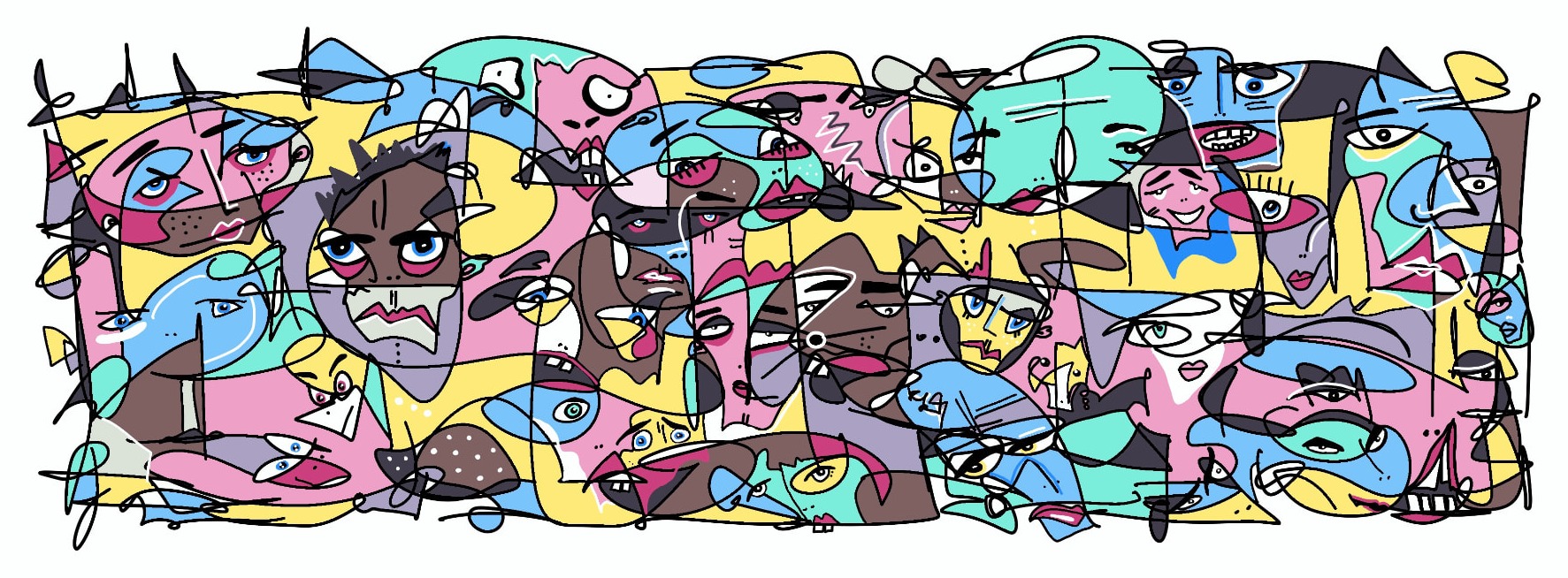 NAIVISTA painting — a crowd of hand drawn cubist faces